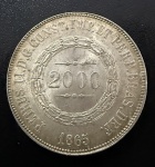 Moeda do Brasil, Império, Valor 2000 Reis, Ano 1865, Prata, Peso 25,5 g, Soberba/FC.