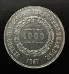 Moeda do Brasil, Império, Valor 1000 Reis, Ano 1857, Prata, Peso 12,75 g, Soberba.