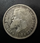 Moeda Brasileira, Império, Valor 1000 Reis, Ano 1869, 3º Tipo, D.Pedro II, Prata, Peso 12,5 g, Soberba