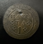 Moeda Brasileira, Império, Valor 1 Macuta, Ano 1814, Cunhada na Casa da Moeda do Rio de Janeiro para Angola, Cobre, Furo Tampado.