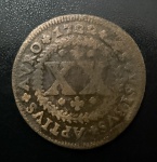 Moeda Brasileira, Império, Valor XX Reis, Ano 1722, Moeda Regional - Cunhada em Lisboa para Minas Gerais, Cobre, Muito Bem Conservada.