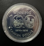 Moeda Estrangeira, CANADÁ, Comemorativa aos 100 Anos da Cidade de Winnipeg/Canadá, Valor 1 Dollar, Data 1874/1974, Prata, Peso 23,34 g, Flor de Cunho.