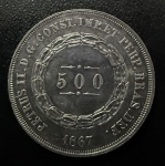 Moeda Brasileira, Império, 2º Tipo, Valor 500 Reis, Ano 1867, Prata, Peso 6,3 g, Soberba.