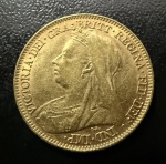Moeda Estrangeira, INGLATERRA, Rainha Victória, Valor 1/2 Libra, Ano 1897, Ouro, Peso 4 g, Diâmetro 19 mm, Flor de Cunho.