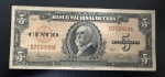 Cédula Estrangeira, Banco Nacional de CUBA, Valor 5 Pesos, Série 1949, Muito Bem Conservada.