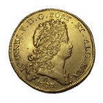 Moeda de Ouro do Brasil - 12800 Réis - 1727 - B - Bahia - 2º Tipo de Escudo - Serrilha de Corda - Ca