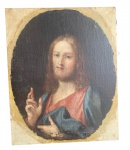 Quadro JESUS abençoando atribuídos a TICIANO DEVIDO AOS CABELOS COBRE E DEDOS FINAS  foi reentelado 33x59.