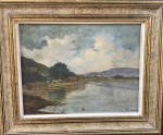 BENEDITO LALIXTO QUADRO óleo SOBRE TELA PAISAGEM COM RIO E CASAS 26X33.