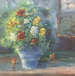 QUADRO óleo SOBRE MADEIRA VASO COM FLORES NATUREZA MORTA MANOEL SANTIAGO 44X46.