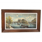 QUADRO óleo SOBRE TELA 48X98 SILVIO PINTO  REPRESENTANDO  PONTE RIO CENA COM CATEDRAL NOTRE DAME E PONTE.