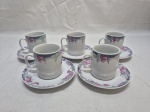 Jogo de 5 xícaras de café em porcelana Germer floral. Medindo a xícara 5cm x 5,5cm de altura.