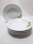 Jogo de 6 pratos fundos de massa, sopa em porcelana Renner, flor amarela, friso ouro. Medindo 22cm de diâmetro.