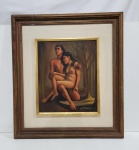 MENDEL - QUADRO ÓLEO SOBRE EUCATEX " CASAL DE ÍNDIOS". ASSINADO E DATADO 1977. MEDINDO A MOLDURA 71 X 63.5 CM