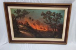 C. CASTRO - QUADRO ÓLEO SOBRE EUCATEX "PAISAGEM EM CHAMAS". ASSINADO NO CID. MEDINDO A MOLDURA 79 X 119 CM