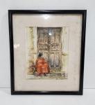 AMY FERBER - QUADRO DECORATIVO " MULHER SENTADA NA CALÇADA DA PORTA". MEDINDO A MOLDURA 35 X31.5 CM