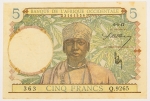 Numismática, AFRIQUE OCCIDENTALE FRANÇAISE. Uma Cédula 5 Francs