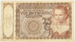 Numismática, NEDERLAND. Uma Cédula P-58 25 Gulden 1944