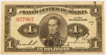 Numismática, BOLIVIA. Uma Cédula P-119 1 Boliviano 1928