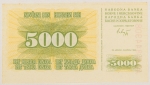 Numismática, BOSNIA. Uma Cédula P-16 5000 Dinara 1993 Flor de Estampa