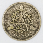 Numismática, INGLATERRA. Uma Moeda de Prata 3 Pence 1930