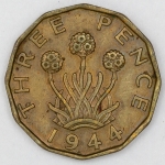 Numismática, INGLATERRA. Uma Moeda 3 Pence 1944