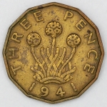 Numismática, INGLATERRA. Uma Moeda 3 Pence 1941