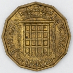 Numismática, INGLATERRA. Uma Moeda 3 Pence 1961