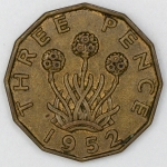 Numismática, INGLATERRA. Uma Moeda 3 Pence 1952