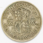 Numismática, INGLATERRA. Uma Moeda de Prata KM#856 Half Crown 1942