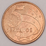 Numismática, Brasil. Moeda de 5 Centavos, ano 2008. Com a letra A de `Centavos` fechada. Escassa. V. 474.