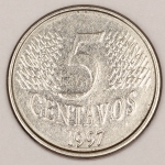 Numismática, Brasil. Moeda de 5 Centavos, 1997. Com colarinho e data vazada no reverso, acima da cabeça. Oportunidade. V. 445.