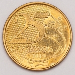 Numismática, Brasil. Moeda de 25 Centavos, 2019. Reverso inclinado à direita. Oportunidade. V. 520.