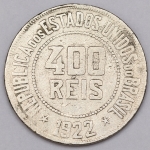 Numismática, Brasil. Moeda de 400 réis.  República. Ano 1922. 30mm. V.112. Oportunidade.