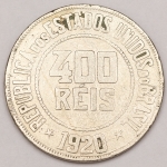 Numismática, Brasil. Moeda de 400 réis.  República. Ano 1920. 30mm. V.110. Oportunidade.