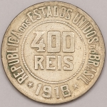 Numismática, Brasil. Moeda de 400 réis.  República. Ano 1918. 30mm. V.108. Oportunidade.