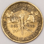 Numismática, Brasil. Moeda de 1000 Reis, ano 1922. Comemorativa 1º centenário da Independência do Brasil.  27mm. V.123.
