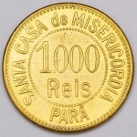 Numismática, Brasil. Moeda particular de 1000 Réis do Leprosário da Santa Casa de Misericórdia do Pará, folheada a ouro 24K, 30mm. Cópia.