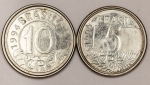 Numismática, Brasil. Série com 2 moedas. 5 e 10 Cruzeiros Reais, 1994. Arara e Tamanduá. V. 431 e V. 433. Escassas. FC (Flor de Cunho).