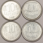 Numismática, Brasil. Série completa com 4 moedas de 10 Centavos, anos 1994, 1995, 1996 e 1997. Com data vazada no reverso, parte superior, acima da cabeça.