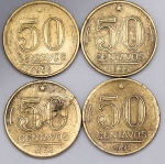 Numismática, Brasil. Lote com 4 moedas de 50 Centavos, anos 1953, 1954, 1955 e 1956. Presidente Dutra. Complete sua coleção.