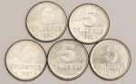 Numismática, Brasil. Série com 5 moedas de 5 Cruzeiros, anos 1980, 1981, 1982, 1983 e 1984. Série Café. Escassas.