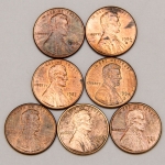 Numismática, U.S.A. Lote com 7 moedas `One Cent`. Anos 1981, 1982, 1986, 1987, 1990, 1994, 1997. Todas com a letra D. Escassas.