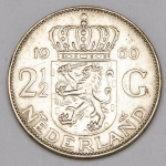Numismática, Holanda. Moeda de 2 1/2 Gulden, 1960. Prata 720. 15g, 33mm. Original. Escassa. KM# 185-462.