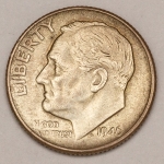 Numismática, U.S.A. Moeda One Dime, 1946. Prata 900. 2.5g, 18mm. Roosevelt. Escassa.