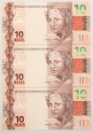 Lote com 3 cédulas de 10 Reais sendo KC 021966175, KC 021966176, KC 021966177. Seriadas, escassas, flor de estampa.