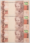Lote com 3 cédulas de 10 Reais sendo MA 012712632, MA 012712633, MA 012712634. Seriadas, escassas, flor de estampa.
