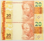 Lote com 2 cédulas de 20 Reais sendo HJ 023327750, HJ 023327751. Seriadas, escassas, flor de estampa.