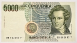 Numismática, Italia. Cédula de 5000 Lire FE