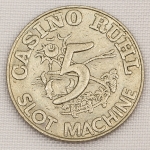 Colecionismo - Ficha de jogo - Cassino Ruhl  Nice (França) - Frente Coroa com as iniciais CRN e a coroa - Verso  Casino Ruhl  Slot Machine - Valor 5 - d= 25mm