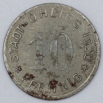 Numismática. Magnífica peça. Proveniente de importante coleção adquirida na Alemanha. Notgeld. 10 Pfennig 1920 Ohligs. Linda.